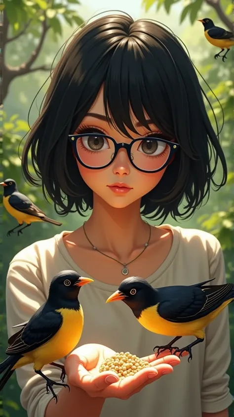 Black hair, glasses, feeding Java sparrows