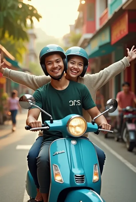 "A young couple riding a classic blue Vespa scooter through a vibrant Indonesian city. The man in front wears a dark green casual shirt with the Aries logo prominently displayed on the chest and a matching helmet, looking warmly into the camera. The woman ...