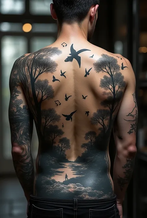 Tattoo depicting shadows , on which birds fly ,  notes and trees - covers his entire back.   The lines continue to the clavicle where there is a snake tongue at the end.