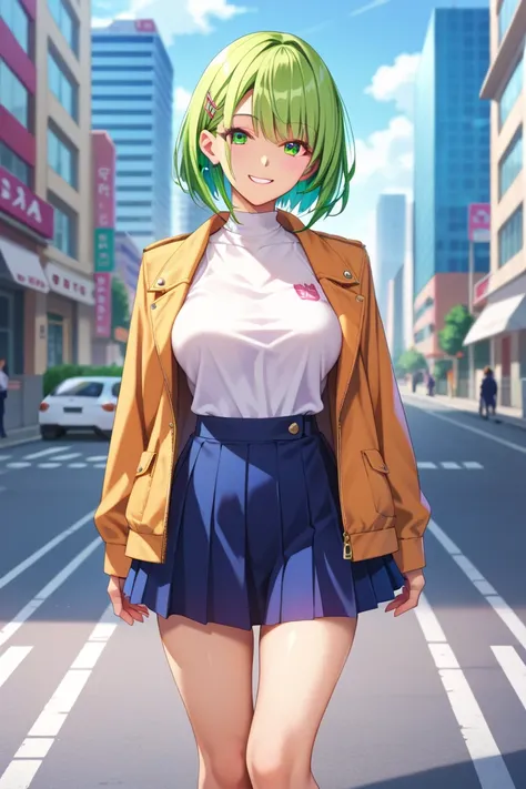 1人の girl, black_ skirt , green_hair,  Building , city, cityscape, hair_between_eye,  jacket,  on AM_in_viewer,  skindent_hair,  multicolor_hair, Multiple_ girl,   knight , off_ shoulder,  outdoor, pleined_ skirt , road,  shirt,  skirt ,  skyscraper, smile,...