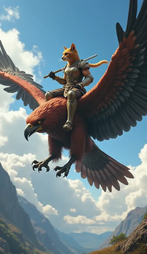 A large bird was seen flying high in the sky. A cat warrior is seen sitting while riding the bird. The warrior cat appears to be carrying a weapon as if preparing to attack its enemy