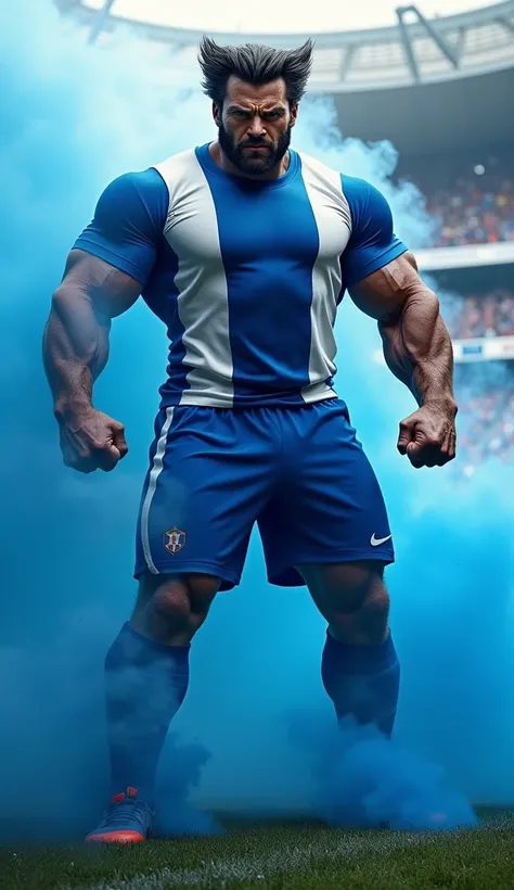  create the very muscular and angry character Wolverine, wearing a soccer player outfit in blue and white,  inside a soccer stadium and blue smoke behind him 
