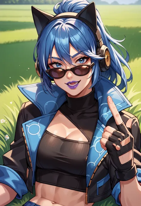 score_9, score_8_up, score_7_up,  source_anime,  BREAK,  FNHeroHop, blue hair, cat ear headphones, blue eyes, purple lips, open collared jacket, clothing cutout,  short sleeves, black turtleneck, midriff, fingerless gloves,  sunglasses, grass, seductive sm...
