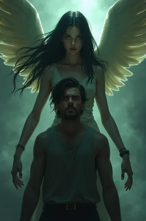 Young woman with black long hair and green eyes protecting young man with dark long hair, beard and brown eyes from the darkness surrounding him. He is looking up at him while she is like a light that makes his demons stay away from him. Shes like an angel...