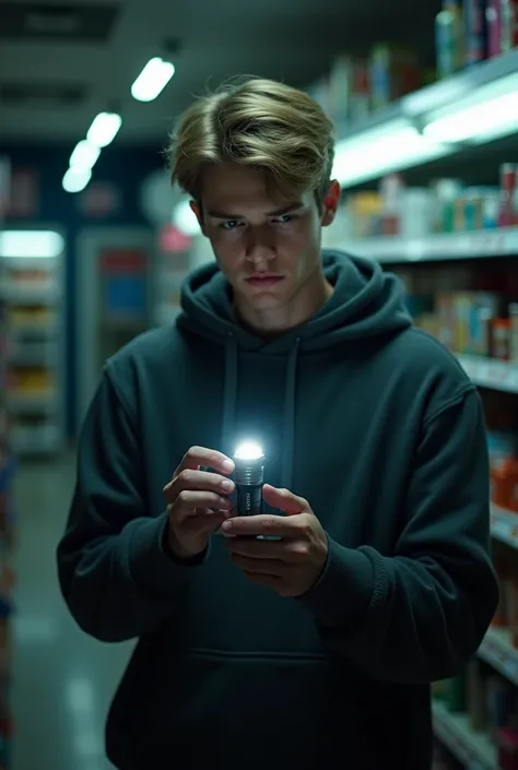 A 24 year-old blond man wearing a hoodie finds a flashlight in a convenience store aisle at night