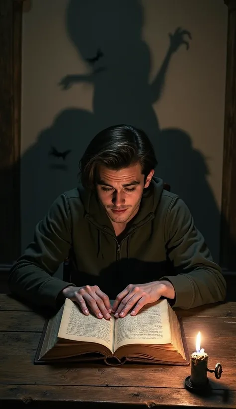 "A young man, Alberto, sitting at an old wooden table, reading an ancient, open book titled The Book of Shadows. The room is dark, lit only by a flickering candle, casting eerie, distorted shadows on the walls. As Alberto reads, the shadows around him begi...