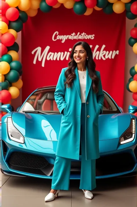 Punjabi Girl in sky blue pent coat inner white shirt, pic with red (New Ferrari SF90) in ferrari showroom, balloons, decoration and congratulations Manvi Thakur Banner in the background delivery time, detailed hd pic