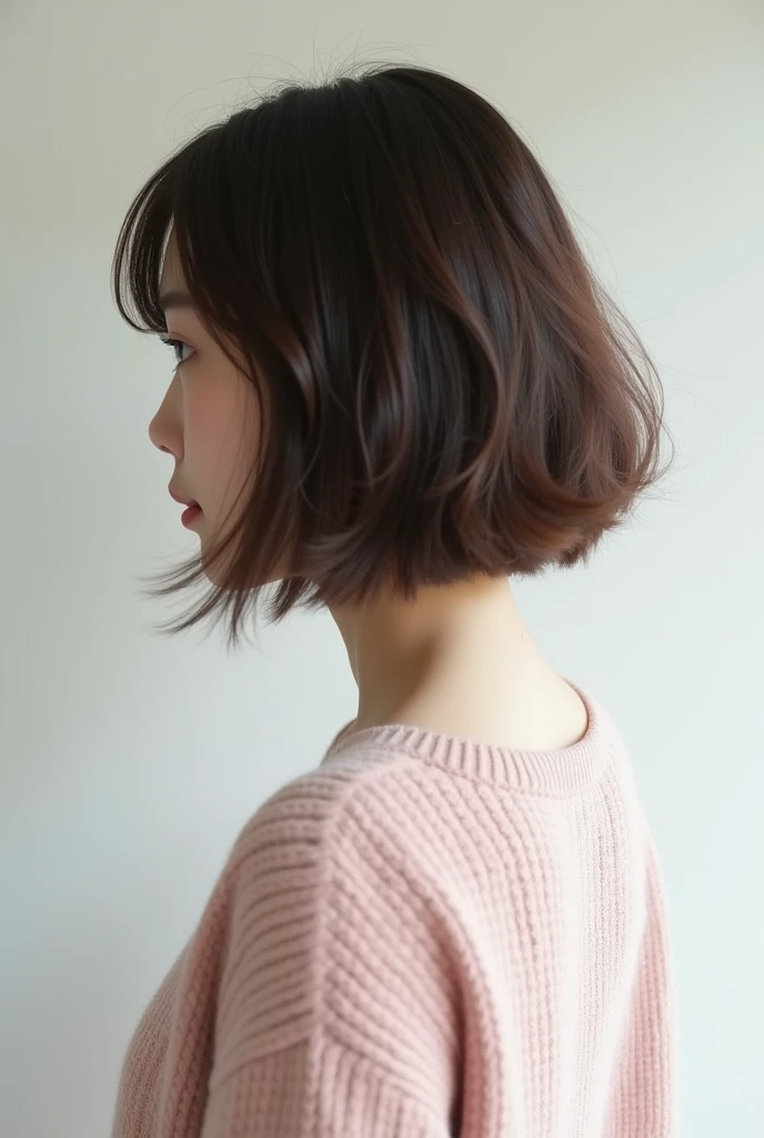 Create an image
Realistic back view
A picture of the back
short bob hair
Realistic texture
brown hair
Japanese women
pale pink knitted clothes
white wall
Realistic atmosphere
Hair style shooting