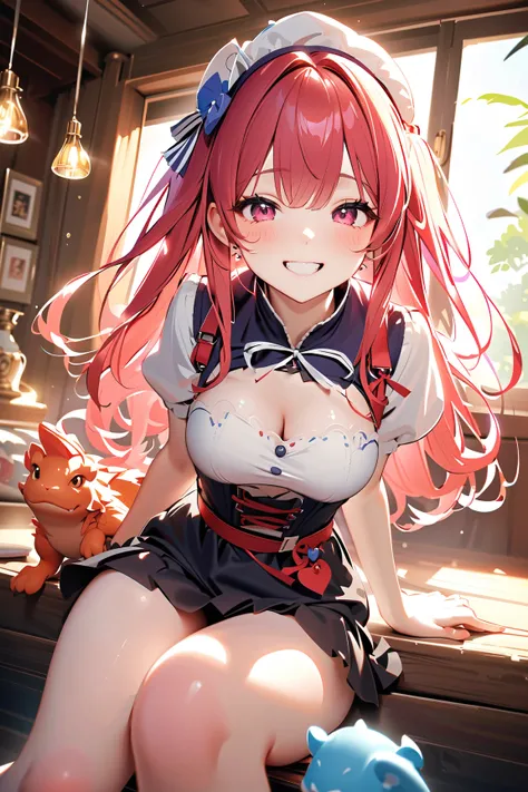 1 girl, (cute face), , long hair, (playful grin), (laughing), medium breasts, slim, (wearing a cute adventurer outfit), knee length, (porcelain skin),  
BREAK  
Charming cottage, colorful decor, mischievous pet, (trying to catch a small dragon:1.2), (hair ...