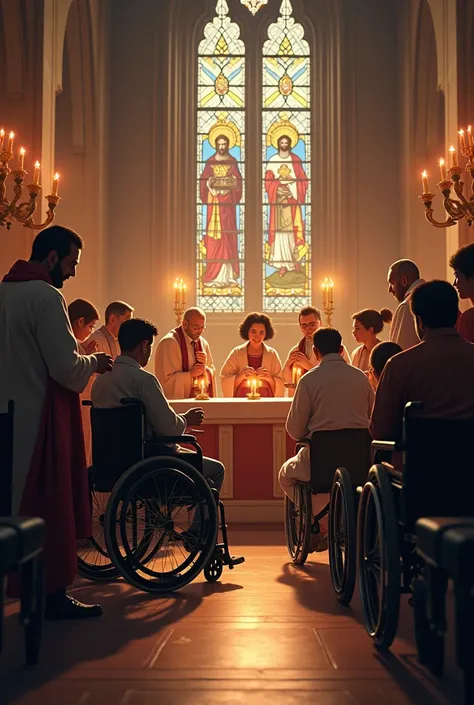 In mass people with physical disabilities taking communion 