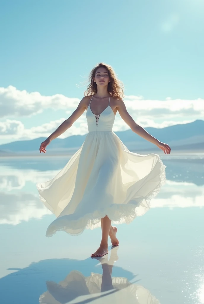 (masterpiece:1.2,Superior Quality,Mirror finish, cinematic ),8k,  beautiful photo ,  Uyuni Salt Lake, Girl dancing on the lake ,  white dress