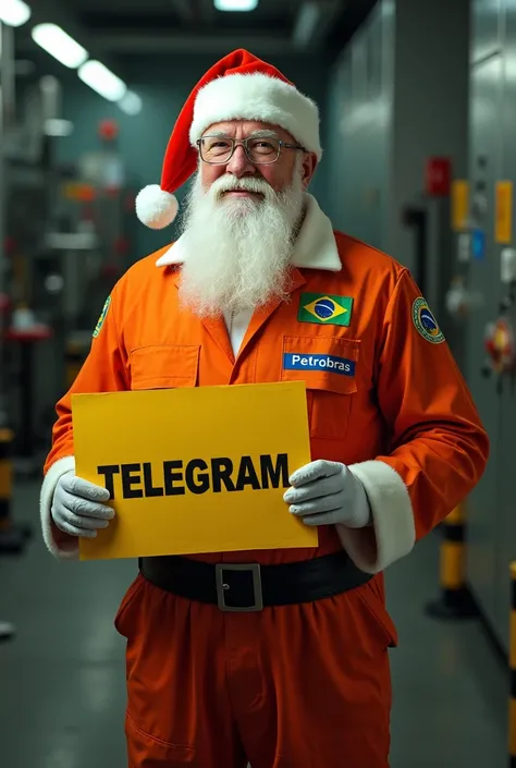  Santa Claus in uniform with an orange jumpsuit from Petrobrás ( with the Brazilian flag on the chest and the Petrobrás logo on the other)  with a yellow telegram from the Postal Service in his hands , Which is written in large letters the word  "Telegram"