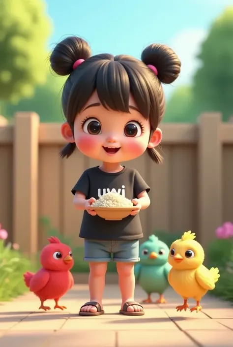 Here is a description of a suitable prompt:

"On a bright sunny morning, a cute and adorable   is squatting in her backyard. Her hair is tied into two buns with cute bangs, the strands looking clear and sparkling under the sunlight. She is wearing a black ...