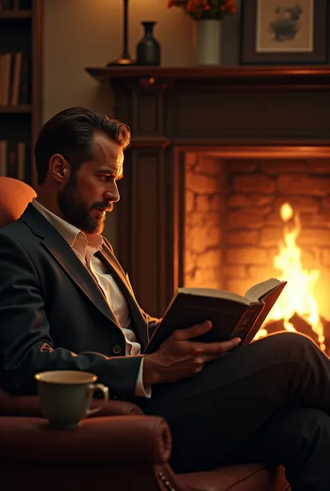 fireplace, man, A cup of coffee,  book with the title " Somerset Maugham Luna and the sixpence" 