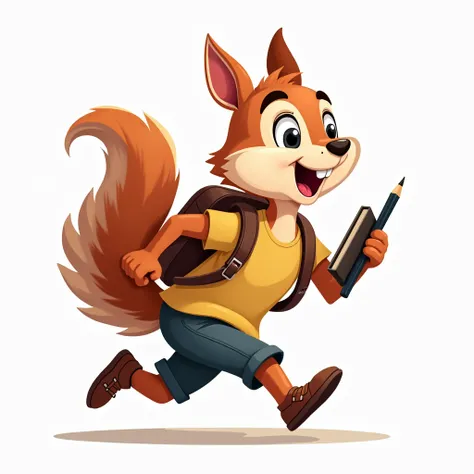  small ears  squirrel with running fast   holding book and pencil and hanging backpack on his back wearing t shirt and and short trouser happy vibrant   animated movie style cartoon mascot character logo line art