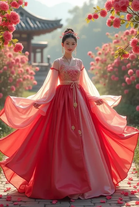 (best quality:1.2), (masterpiece:1.2), (8K:1.2), (intricate details:1.2), (cinematic light:1.2), (photorealistic:1.2), (raw, highres:1.2), "Illustrate a stunning female character inspired by Jangmi (Rose), symbolizing the passion and beauty of summer, depi...