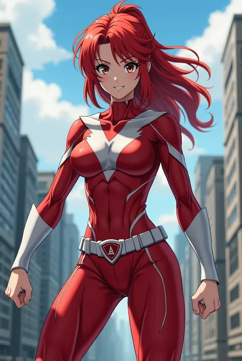  My Hero Academia Style ,   anime girl , woman, young woman ,  full body shot ,( Fighting Stance :1.3),Long Hair, Red Hair,   Brown Eyes , hero suit, Full Body Suit,  red suit with white details, perfect anatomy,  enhanced abs , super detailed,(building:1....