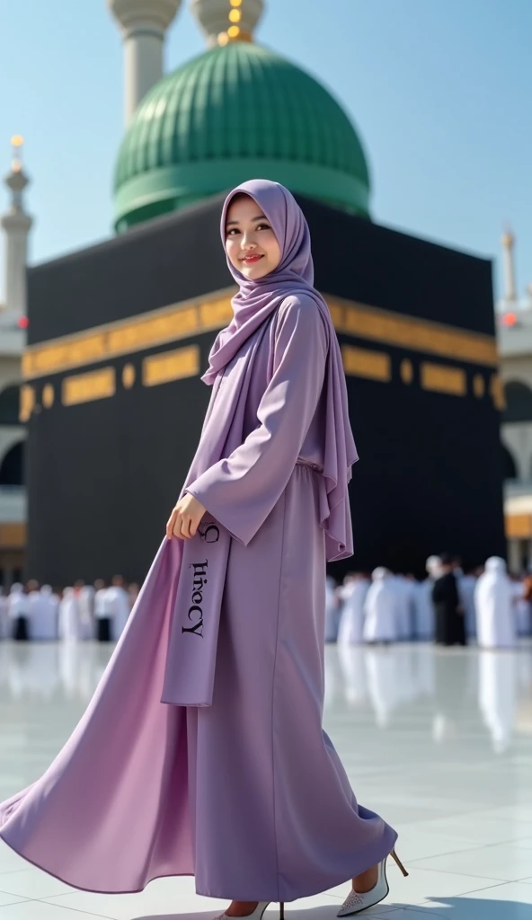 Photography A Beutiful Korean woman wearing a purple headscarf and a drobe with a scarf that reads "CHACA"  wearing shoes heels white, They are standing in front of a KABAH Mekkah, with a large green dome and multiple lights illuminating the area.Smiling, ...