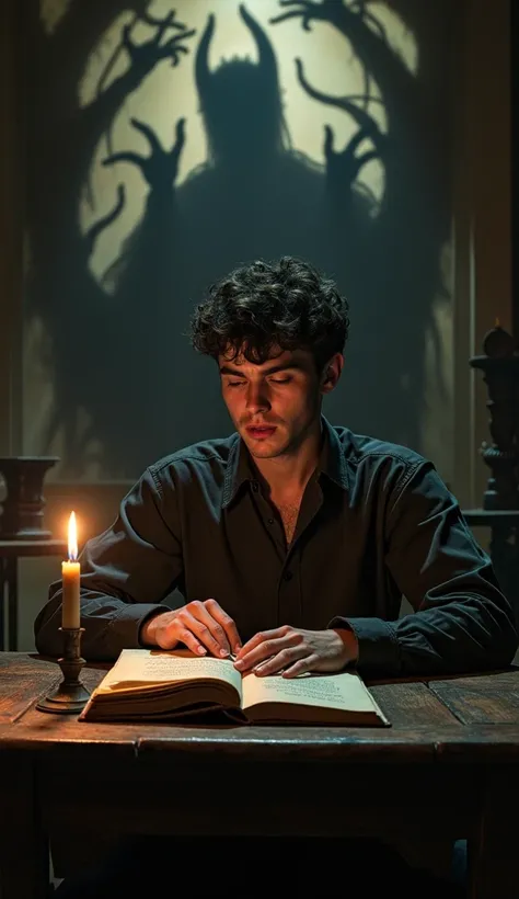 "A young man, Alberto, sitting at an old wooden table, reading an ancient, open book titled The Book of Shadows. The room is dark, lit only by a flickering candle, casting eerie, distorted shadows on the walls. As Alberto reads, the shadows around him begi...