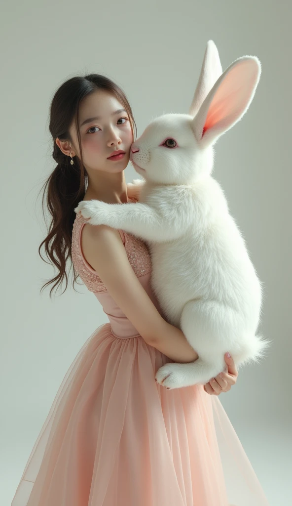 A beautiful 18-year-old woman wearing a year old, wearing a pink-toned dress, carrying a very big white rabbit, too big, exaggerated.