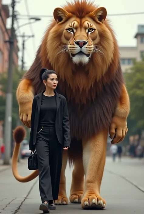 A woman in a casual outfit of black color is walking alongside a giant, bushy furry cat that looks like a very large lion next to her