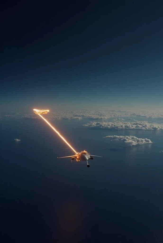 Make a plane appear as if it is entering the middle of a timeline The satellite was seen burning up as it crossed the sky, leaving a trail of glowing debris in its wake. This event occurred in the South Pacific Ocean, with a wide expanse of dark water belo...