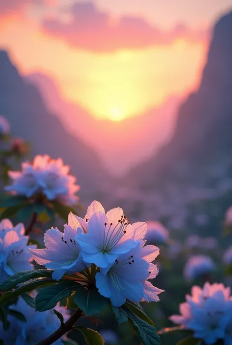 Sunrise and white blue rhododendron