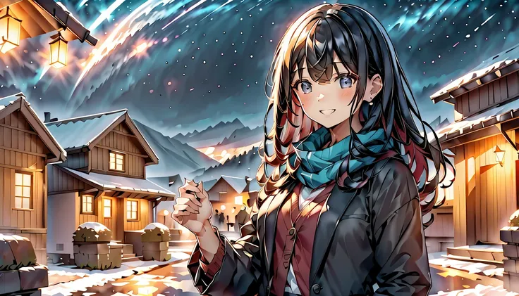   A stunning anime-style illustration depicting a beautiful woman in an elegant winter setting.  背景にteeth、 It depicts a warmly illuminated, snowy cityscape  ,   The light shining in the night sky and the shining stars  .  女性teeth中央に優雅に立ち ,   with gestures ...