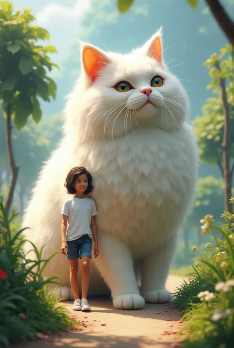  An Indonesian youth walks along with a giant angora cat 