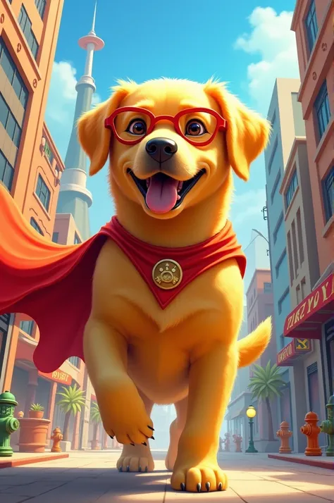 Yellow dog wearing superhero clothes in a very fun canine city