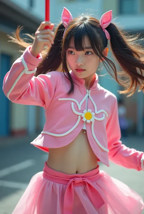 photograph　Live-action version　Japan　About junior high school age　 girl　 Pretty Cure style cosplay　 belly button out　 Twin Tails 　Fluttering Hair　 with a serious gaze　Desperate move with a magic wand 