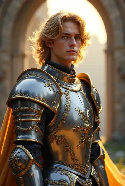 Golden-haired 19-year-old male knight with silver armor and gold details 