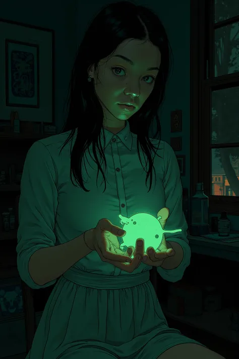  someone is holding a green amoeba in their hands in a dark room、 Messy Room、chair、window、Reusch、Stylized Paintings 、Speed Painting、Digital painting inspired by the painting of a woman on a black background in a 、 Lovecraft atmosphere 、Low quality image 、 ...