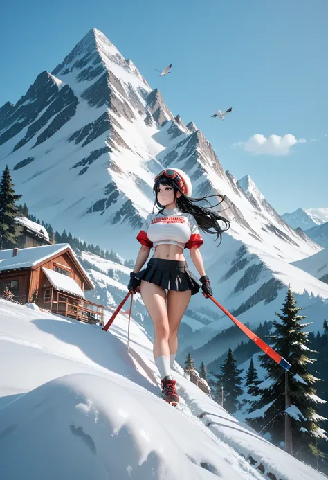 Young girls taking pictures of birds on a mountain with mountain climbing equipment . Lots of snow extreme cold wind .  bodies Atlético big breasts big buttocks long loose black hair black eyes micro skirt neckline .top likra red  