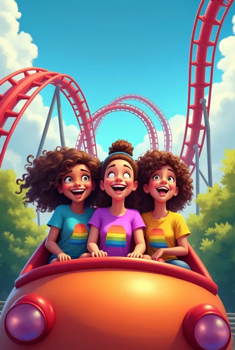 Generate an image of 4 Friends on a roller coaster. There are 3 women and a man. All of them are dressed with rainbow t-shirts. The roller coaster is seen frontally, but in the back you can see the tracks with loops. The style should be cartoon.