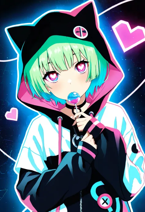 colorful,vibrant,glowing outline,neon,blacklight,looking at viewer, masterpiece, very aesthetic, heart eyes, lollipop anime girl with neon black-green hair and a cat hat, licky anime style illustration holding lollipop, moe artstyle, wallpaper 8 k, digital...