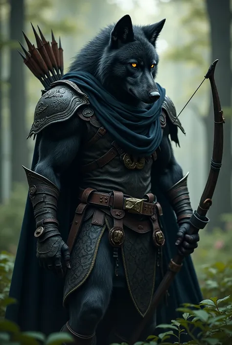 anthropomorphic wolf, black wool, fiery orange eyes, black cloak , black hood , black leather armor, Bow in the right hand, the forest