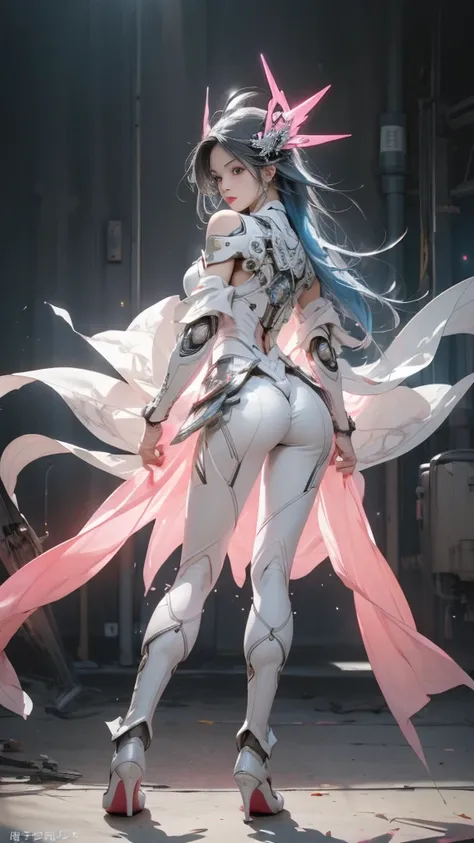 masterpiece,  top quality,  1 girl, Alone,  perfect face, looking at viewer,  form-fitting clear vinyl, Long Blue Hair,  gray eyes,  blue-white skin, Xianyaogaoda, Mecha,  pink armor with white part,  armor,  helmet ,   Line Art,  dimly illuminated ,  disc...