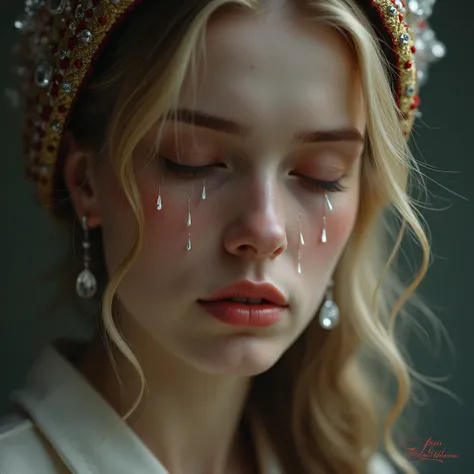 close-up, portrait,  part of a young womans face,  blond hair.  Kokoshnik , Slavic woman,  eyes closed, diamond tears flow 