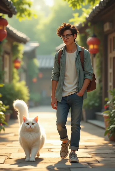  A young man walks with an angora cat 