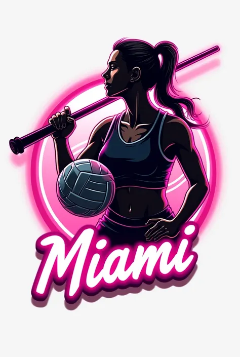 Design a Sports team logo with volleyball with neon saber effect. The logo design style is kinda 80s but futuristic. Bottom of the logo is a word "Miami" with a cool 80s font. Black and Pink color with a pink neon elements. The backgrounds is white