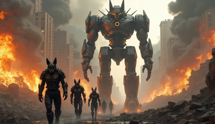 burning city, titanic robots demolish houses ,   humanoid foxes in black armor are marching