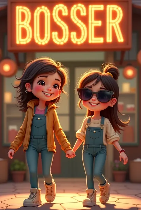 A touching yet funny moment of Maria and her daughter walking hand in hand, Maria with an exaggerated proud grin and her daughter with oversized sunglasses and a playful “business boss” attitude. The background shows their candle shop with a huge, glowing ...