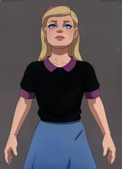 a  blonde girl wearing a black shirt with pink details and a blue skirt (ELIZABETH AFTON DE FNAF)