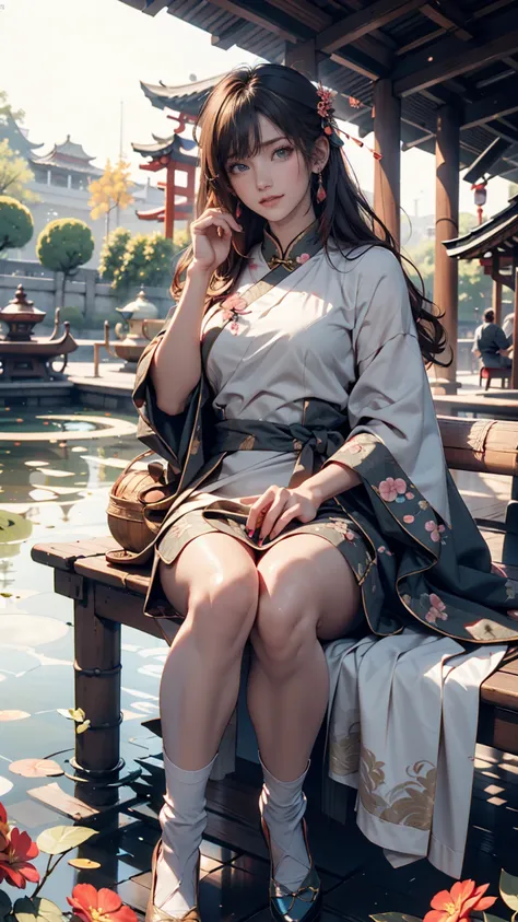 2D,  ancient style , Spring Garden,  outdoor, Gray Hair,  China Dress （Deep slit), nature, Theres a pond in the courtyard , Begonia floating in a pond,  girl sitting on a bench in the hallway ,  Im wearing a clear feather robe, Holding a bamboo flute,  ran...