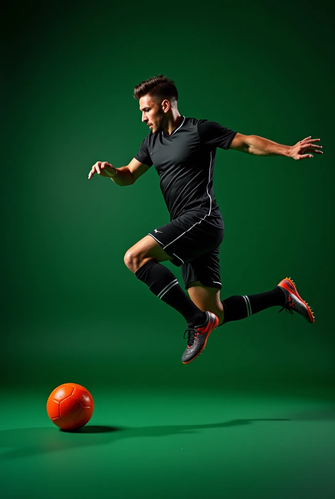 On a dark green background, a male football player is captured mid-air in a powerful leap, his body fully extended as he kicks a bright football with precision and strength. Dressed in a sleek and modern football kit, his muscular physique is highlighted u...