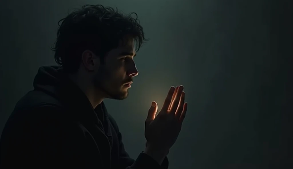 A human figure with hands raised in prayer ,  in a dark setting ,  but with a soft light illuminating the persons hands and face,  representing the connection with God during difficult times .