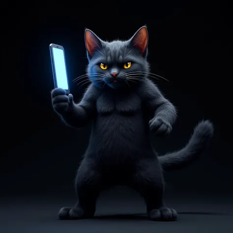 Black cat as a strategist warrior, standing confidently with one hand holding a data pad glowing neon blue, front view only with black background