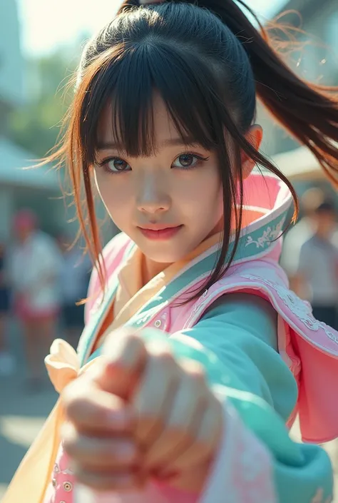 photograph　Live-action version　 Japanese middle school girl 　Pretty Cure style cosplay 　Serious　 Decisive Pose　 ponytail fluttering in the wind