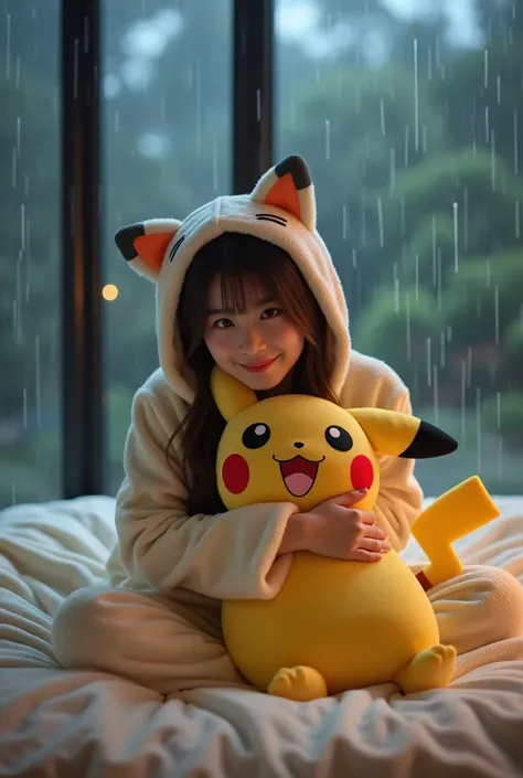 an Indonesian woman wearing hoody pajamas with a cat pattern is sitting on a foam bed, in a fairly spacious room, with glass windows, and looks at night accompanied by heavy rain, sitting while hugging a pikachu pillow, looking at the camera and smiling, d...